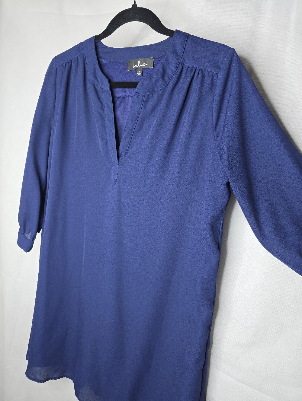 Lulus Mini Shift Dress Navy Blue V-neck Pleated 3/4 Sleeve Feminine Minimalist S